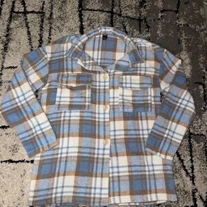 SHEIN Blue, Brown and White Plaid Button-Down Shacket